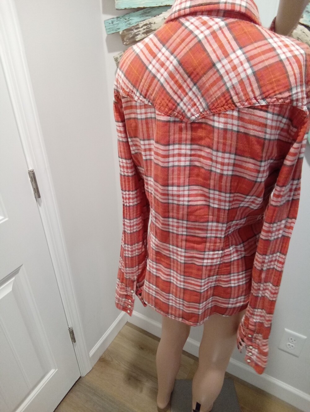 Vintage Y2K American Eagle Outfitters Sz 12 Orange Plaid Pear Snap Western Butto - Picture 12 of 16